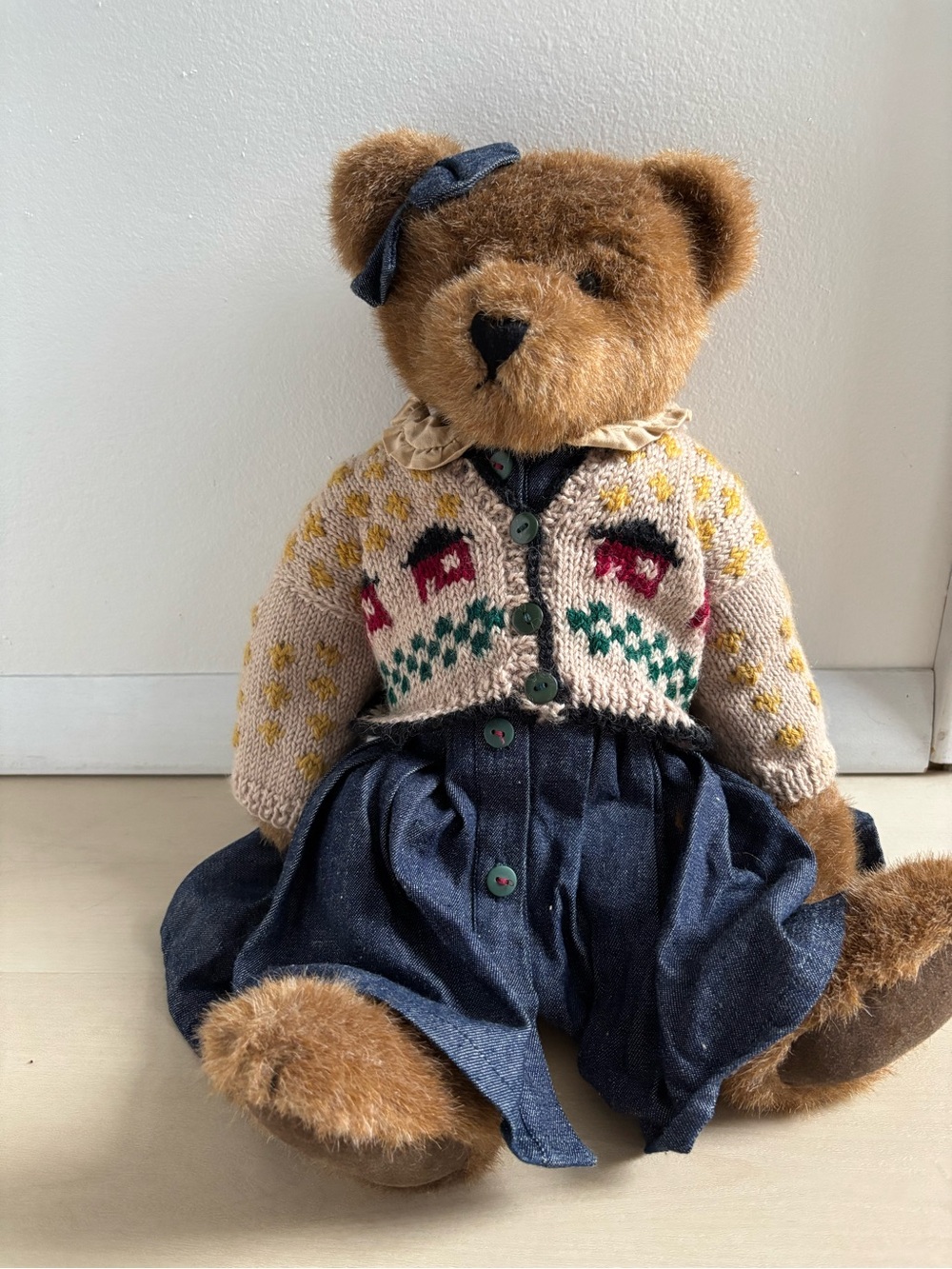 Boyds 16” Bears Brown Plush Teddy in Navy Dress with Patterned Cardigan